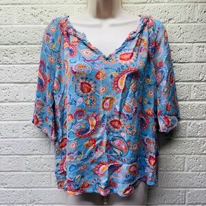 DEMOCRACY Sz S Blue & Red Paisley Short Raglan Sleeve V-Neck Rayon Blouse • VG‼